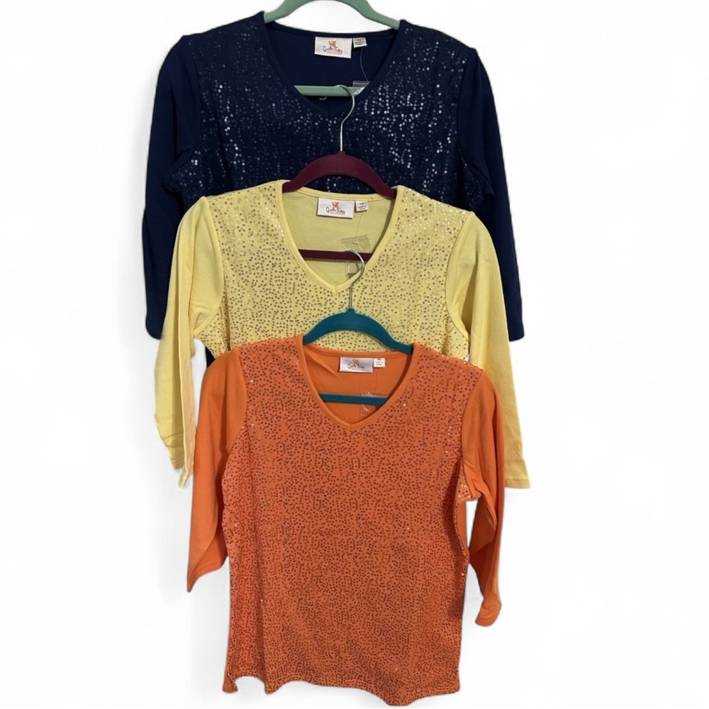 Quacker Factory CHOICE 3/4 Sleeve Top XS Sequins QVC NWT Yellow, Blue or Orange